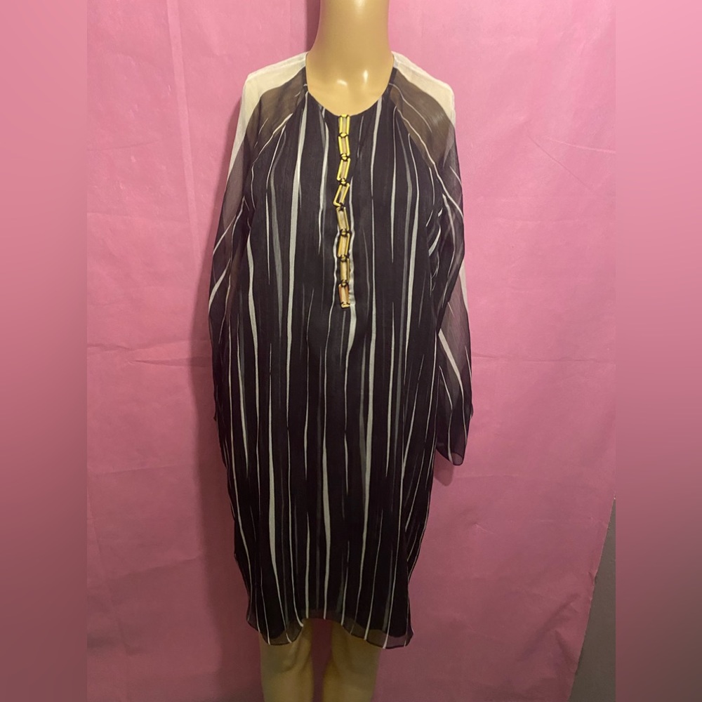 Halston Heritage black/white striped long sleeve slit sleeves with gold accents